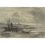 19th C. hand coloured black & white print ‘Penzance’ – fishing boats on Wherrytown beach 6.75” x 9.