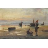 Henry MARTIN (1835-1908), Oil on canvas, Evening - sharing the catch on the beach, Signed, 15.5" x