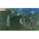 Pat ALGAR (1939-2013), Oil on board, Calf on a moonlit path between cottages, Bears studio stamp,