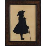 19th Century Black ink & cut paper silhouette of a young child with cane, 5.5" x 4.25" (14cm x 10.