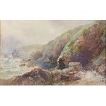 ? JAMES, 19th Century, Watercolour, Fishermen with boats & lobster pots in a rocky cove, Signed &