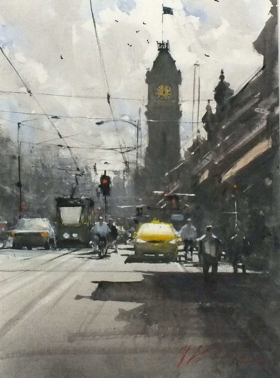 * Joseph ZBUKVIC (b.1952), Watercolour & bodycolour, Waiting at the lights - Melbourne (Australia)