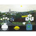Alan FURNEAUX (b.1953), Acrylic on canvas, 'St Just' - a vase & jug of daisies with a lemon on a