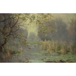* John Howard HALE (1863-1955), Oil on board, 'Morning Mist' - sheep in a water meadow, Inscribed to
