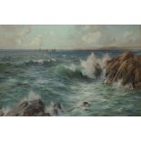 Hugh Percy HEARD (1866-1940), Oil on canvas, The Fishing Fleet off Shore, Signed, 19.25" x 29.25" (