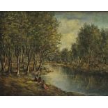 Victor MATHIAS (1905-?), Oil on board, Figures seated by a woodland stream, Signed, 9.5" x 12.25" (