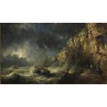 19th Century English School, Oil on board, A fishing boat coming ashore in a gale under stormy skies