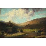 19th Century English School, Oil on board, Valley farm by a river with rolling hills beyond,