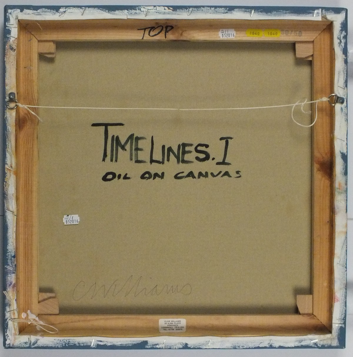 * Clive WILLIAMS (1944-2015), Oil on canvas on box stretcher, 'Time Lines', Inscribed & signed to - Image 2 of 2