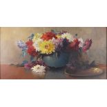 * Kees TERLOUW (1890-1948), Oil on board, Flower arrangement of Dahlias, Signed, 18.75" x 38.5" (