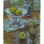 Pat ALGAR (1939-2013), Oil on board, Still life - appleas & lemons, Signed, Unframed, 12" x 10" (