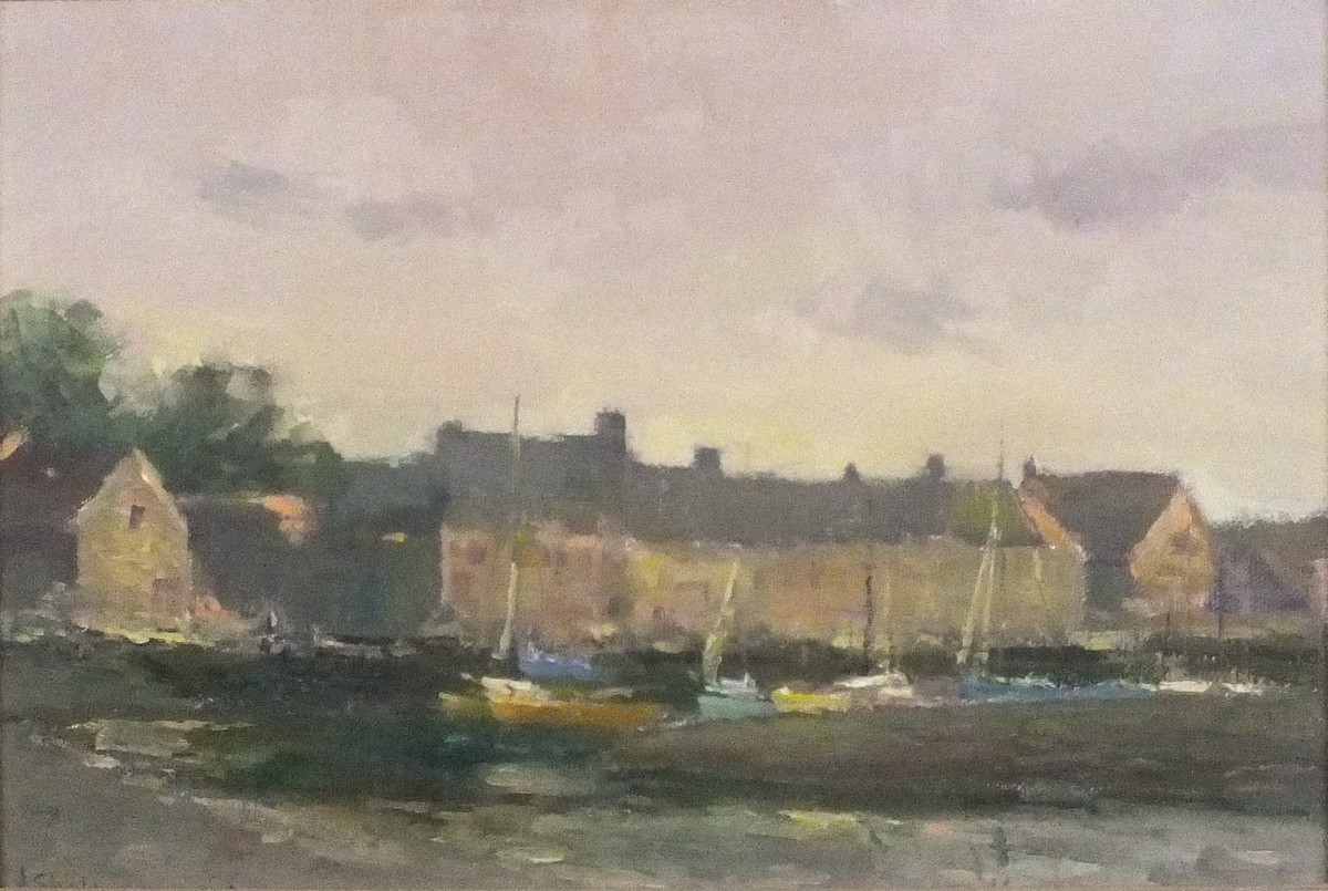 * John SHAVE, Oil on canvas board, Blakney Norfolk - Boats on the hard, Signed, 7.75" x 11.5" (19.