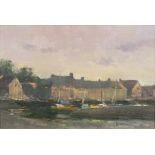 * John SHAVE, Oil on canvas board, Blakney Norfolk - Boats on the hard, Signed, 7.75" x 11.5" (19.