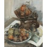 * David WESTON (b.1942), Watercolour, Still life with scales & onions on a table top, Signed & dated