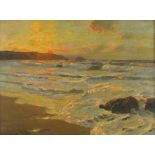 Julius OLSSON (1864-1942), Oil on canvas, Evening glow - sunset over an incoming tide, Signed, 17.5"