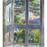 Pat ALGAR (1939-2013), Oil on board, The French windows Chymorvah - a glimpse of the garden & sea,