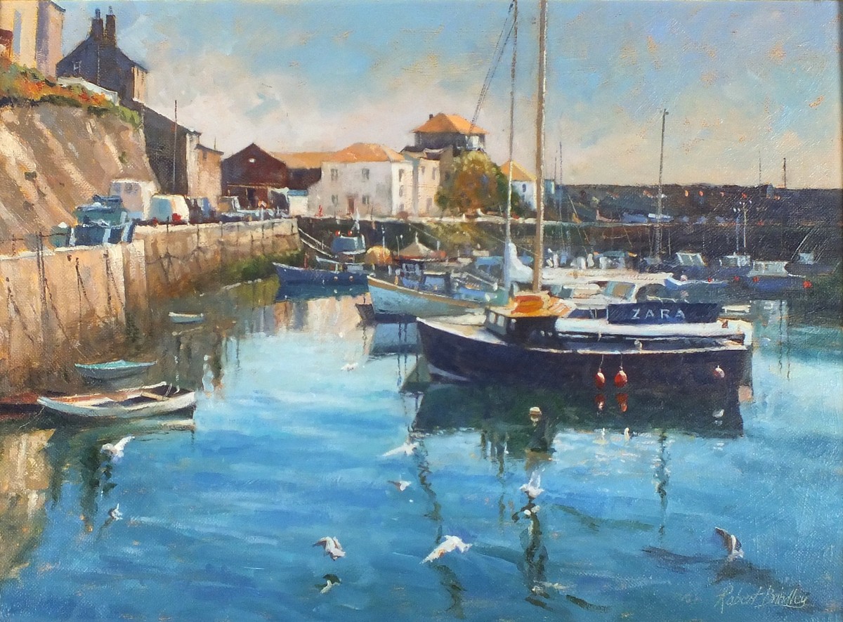 * Robert BRINDLEY R.S.M.A (b.1949), Oil on canvas board, Mevagissey Harbour, Inscribed & dated