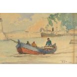 Henry Scott TUKE (1858-1929), Watercolour, The Ferry boat - underway in a continental harbour,