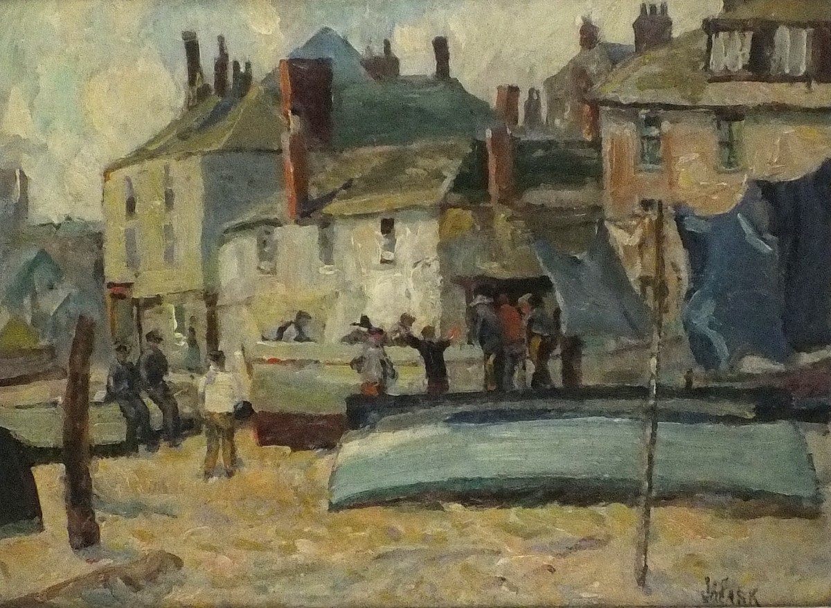 * John Anthony PARK (1878-1962), Oil on board, Beached boats & fishermen on the quayside St Ives, - Image 2 of 2