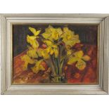Margaret MARCOM, (St Ives School), Oil on board, Vase of daffodils, Signed, 15.5" x 22.5" (39.4cm