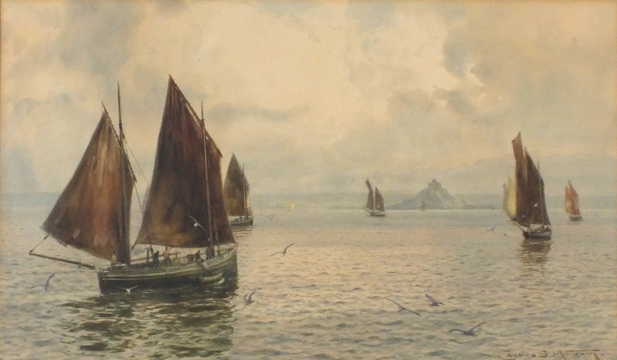 Charles Sim MOTTRAM (1852-1919), Watercolour, The fishing fleet before St Michael's Mount - Mounts