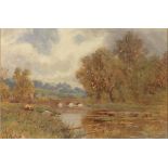 Late 19th Century English School, Watercolour, Cattle on the banks of a river before a stone bridge,