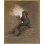 Jos. HOWMANS, (19th Century English School), Watercolour with bodycolour, Boy reading sat on a