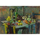 Pat ALGAR (1939-2013), Oil on board, Still life - kitchen table assortment, Signed, Unframed, 7.