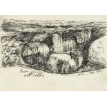 * Tony O'MALLEY (1913-2003), Black & white ink drawing, 'Rocks and Ships Cott Valley', Inscribed,