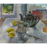 Pat ALGAR (1939-2013), Oil on board, Still life - Table top assortment with old teapot & lemons,