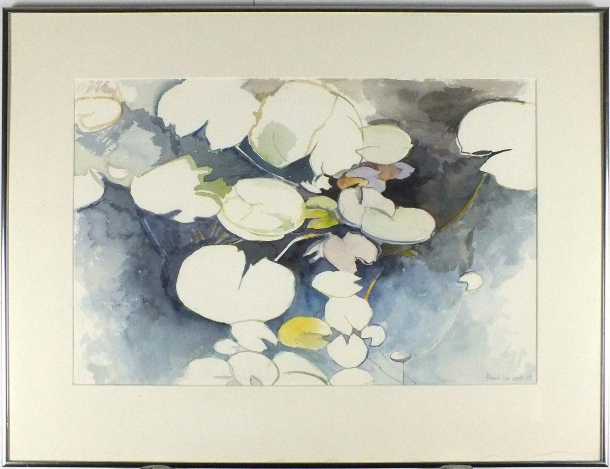 * Diana Van LOOCK (b.1936), Watercolour, 'Lily leaves on pond', Inscribed on label, Signed & - Image 2 of 2