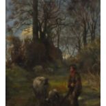 Late 19th / early 20th Century English School, Oil on board, A young shepherd & his flock, 10" x