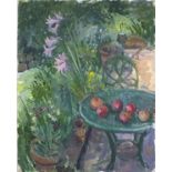 Pat ALGAR (1939-2013), Oil on card, A Corner of the Patio, Bears studio stamp, Unframed, 20" x