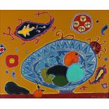 Bakhodir JALAL, (Uzbek School), Acrylic on canvas, Fruits in a blue bowl, Signed & dated 1995, 17.5"