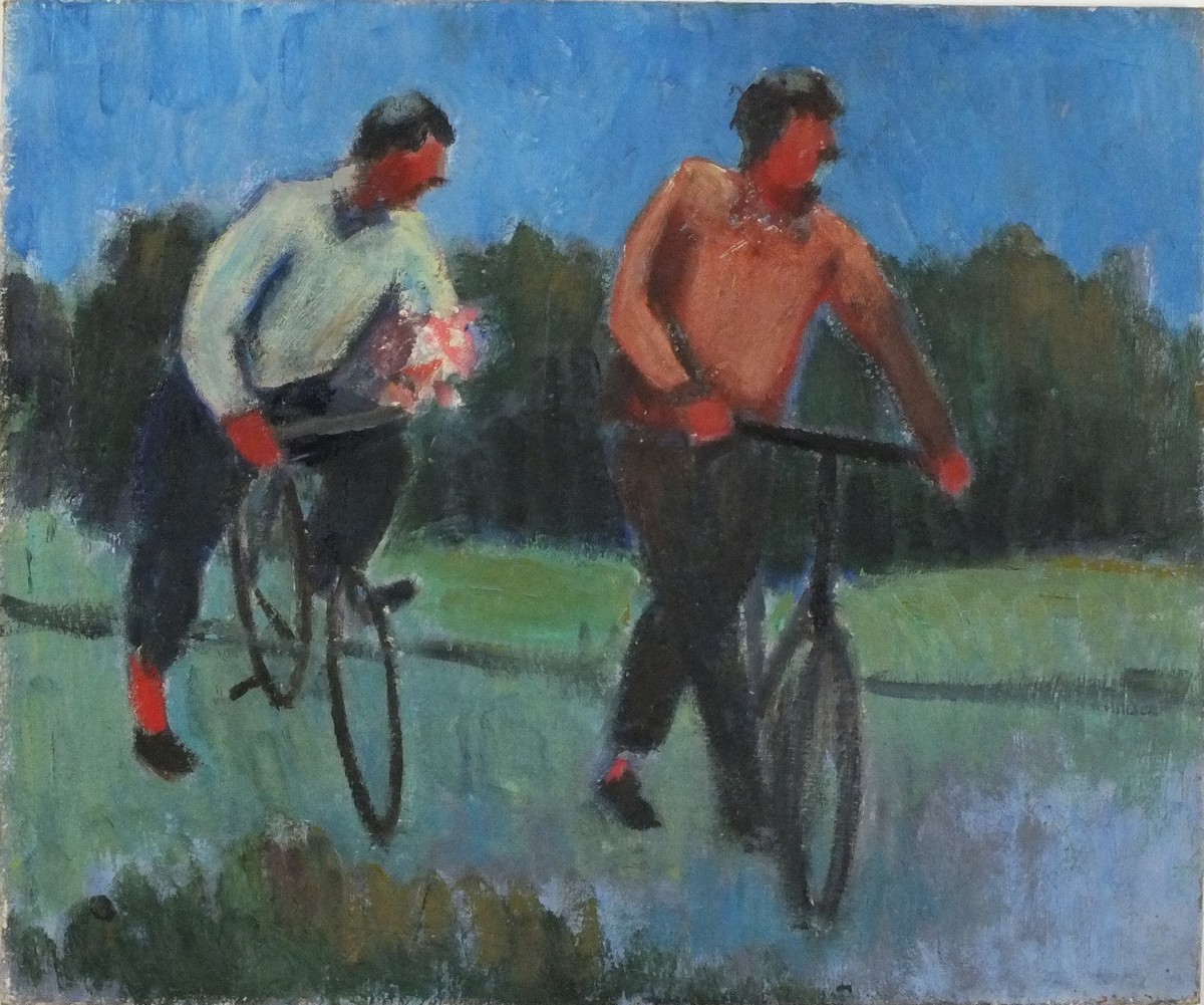 * Marjorie MORT (1906-1989), Three oil on canvas board, 'The Cyclist', Inscribed & signed to