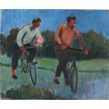 * Marjorie MORT (1906-1989), Three oil on canvas board, 'The Cyclist', Inscribed & signed to