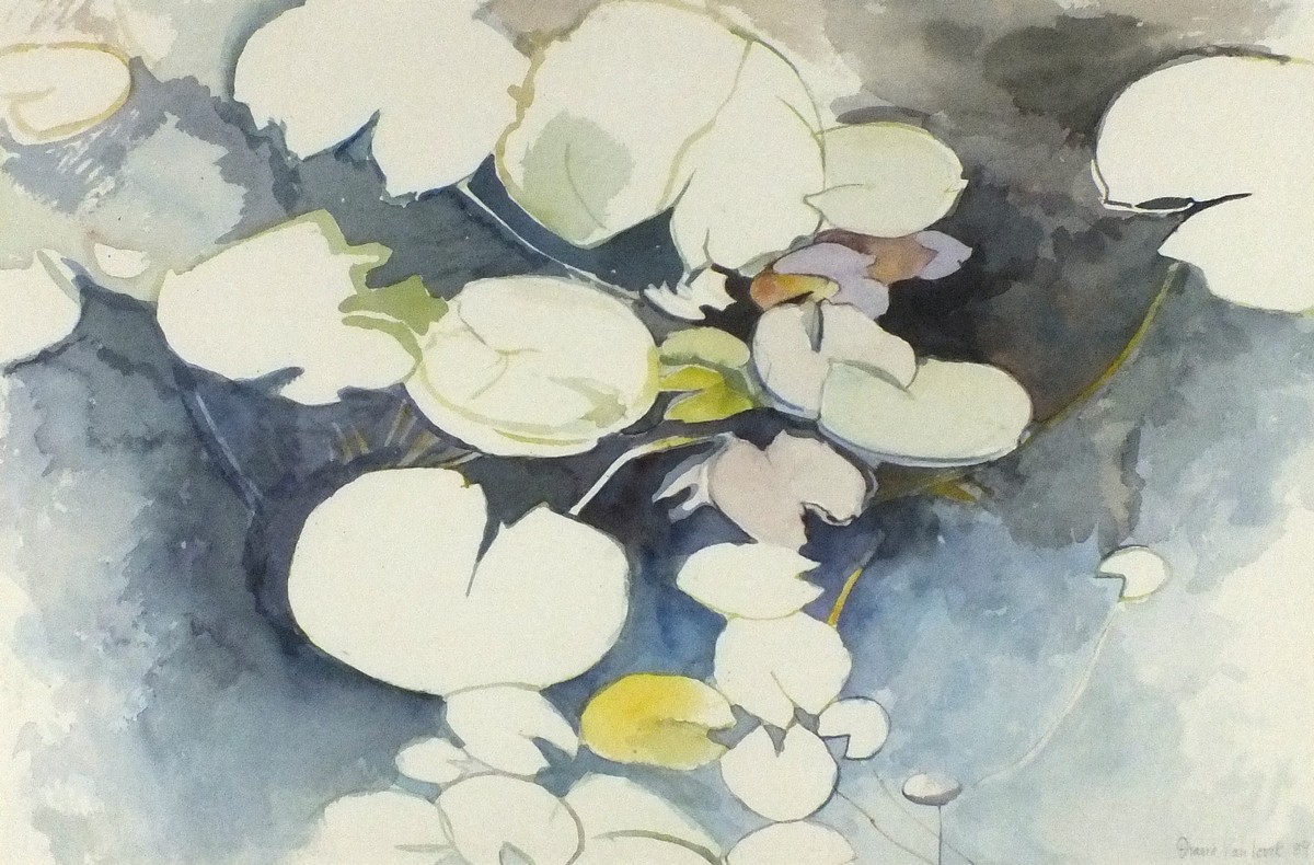 * Diana Van LOOCK (b.1936), Watercolour, 'Lily leaves on pond', Inscribed on label, Signed &