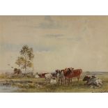 Alfred BENNETT (Exhibited 1861-1916), Watercolour, Cattle in a river landscape, Inscribed 'Colwich',