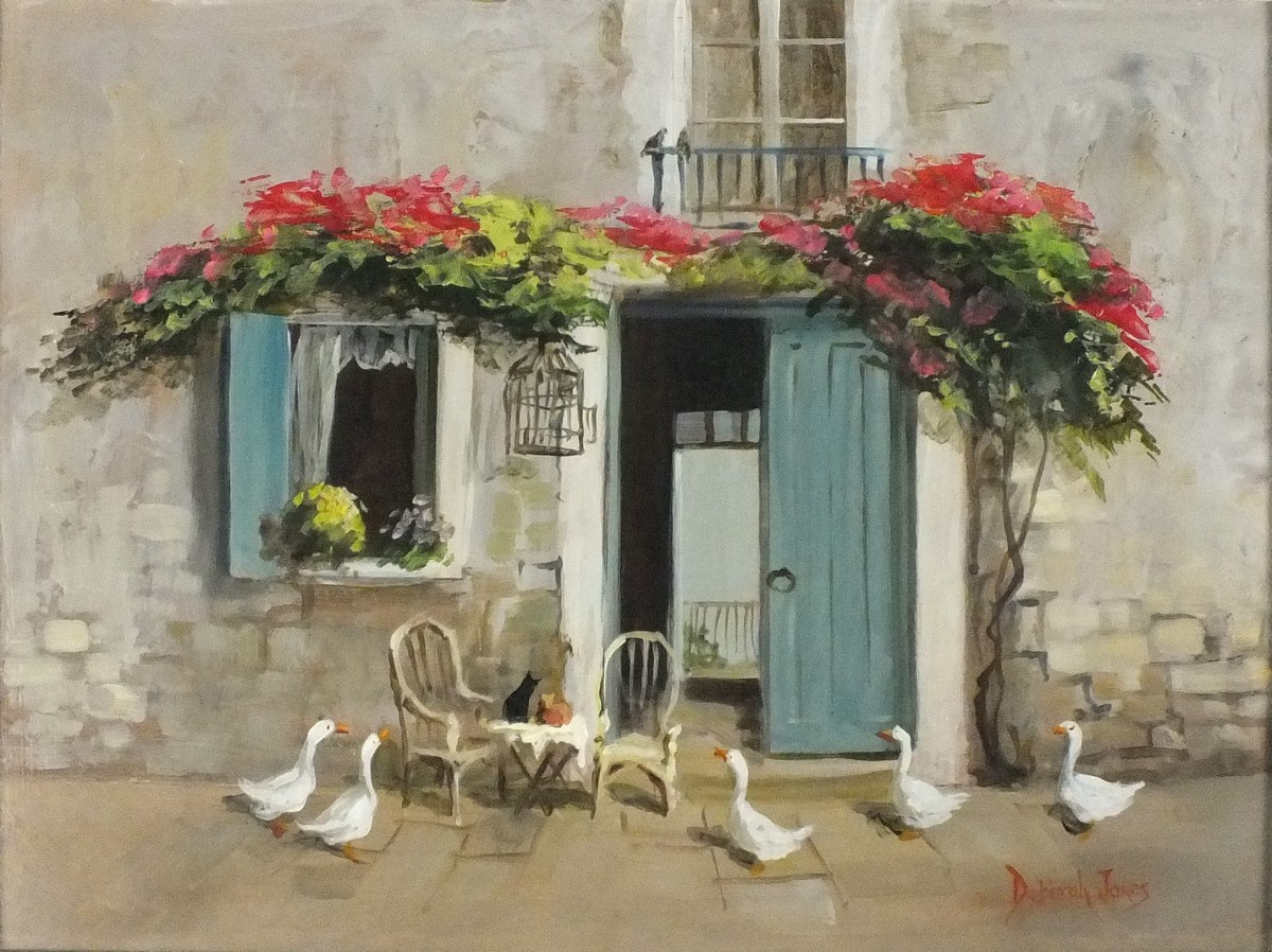 * Deborah JONES (1921-2012), Oil on board, Geese at the doorway of a French cottage, Signed, 11.5" x