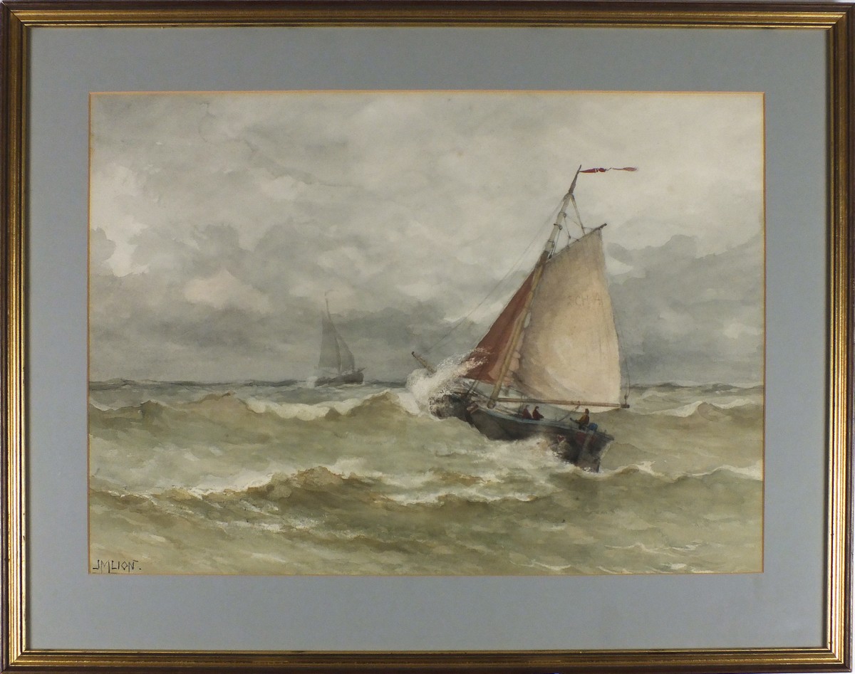 Johannes Matthys LION (1856-1899), Watercolour, Scheveningen fishing boat under full sail, Signed, - Image 2 of 2