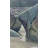 * Nicola TILLEY (b.1956), Watercolour, Rock formations on the tide line, Signed, 16.5" x 9.5" (