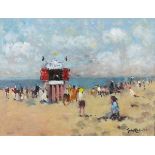 * John AMBROSE (1931-2010), Oil on board, The Punch & Judy Show - crowded summer beach, Signed, 11.