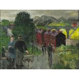 Attributed to Alan LOWNDES (1921-1978), Oil on canvas, A chance meeting - figures on a village