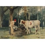 Jules BERGER, (19th Century Continental School), Watercolour, A peasant woman watering the cattle