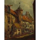 G. VERMEER, Oil on wooden block, Continental street scene, Signed, 10.75" x 8.5" (27.3cm x 21.6cm)