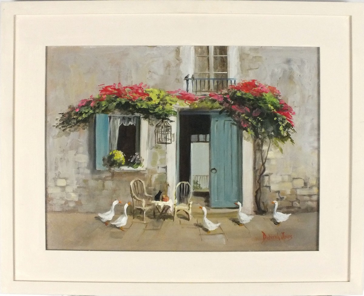 * Deborah JONES (1921-2012), Oil on board, Geese at the doorway of a French cottage, Signed, 11.5" x - Image 2 of 2