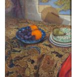 Margaret DEAN (b.1939), Oil on canvas, 'During the Storm' - still life fruit on a table cloth,