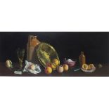 * Deborah JONES (1921-2012), Oil on board, Still life - Kitchen table top with flagon, drinking