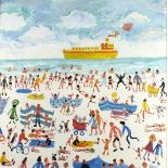 * Simeon STAFFORD (b.1956), Oil on canvas, 'The Yellow Boat' - anchored off a crowded beach,