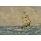 S* MCKINLEY, Watercolour, A square rigged clipper ship under full sail off the coast, Signed, 9" x